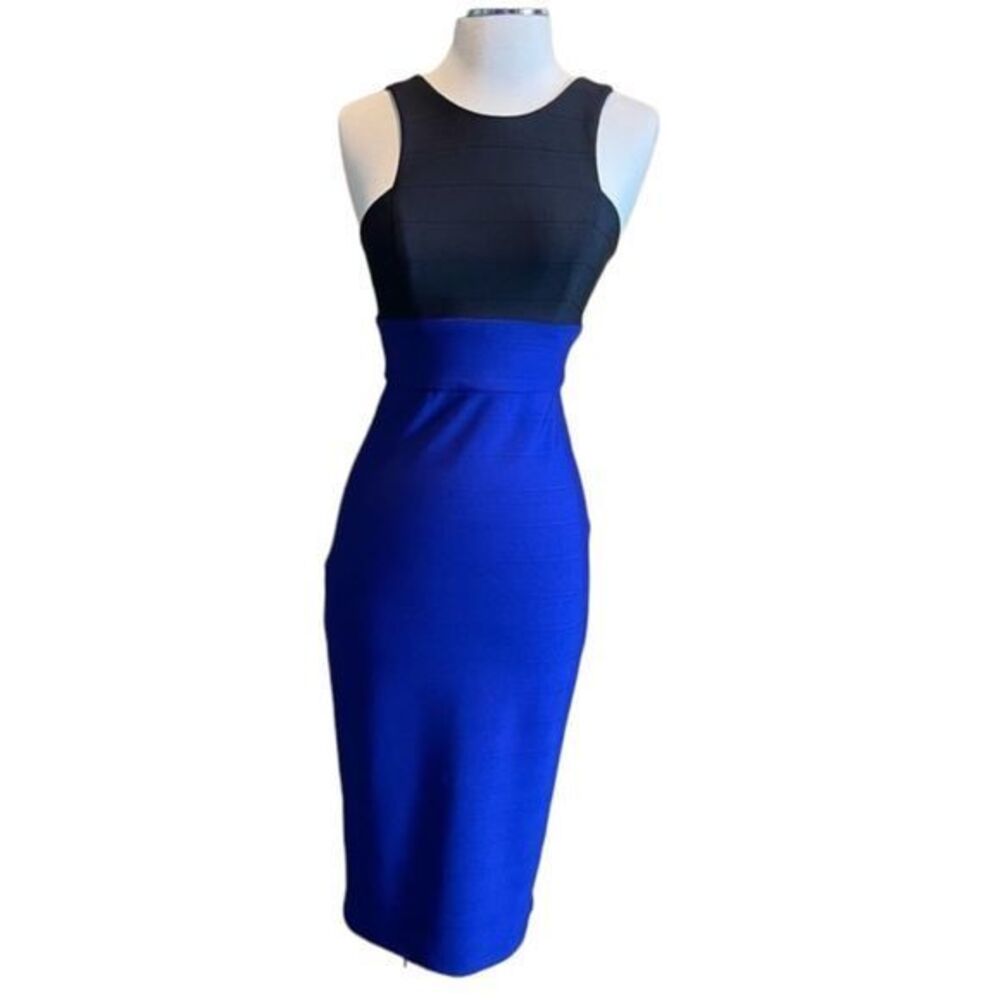 ABS,  Bodycon cocktail dress, black & royal blue, back zipper, women’s size XS